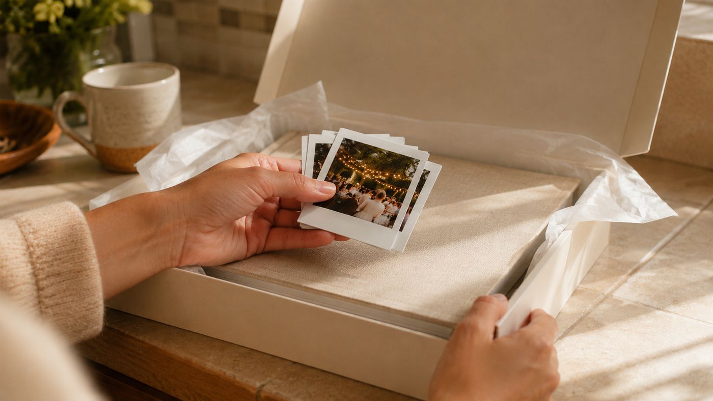 Retroprints and a photo album being lifted out of a box